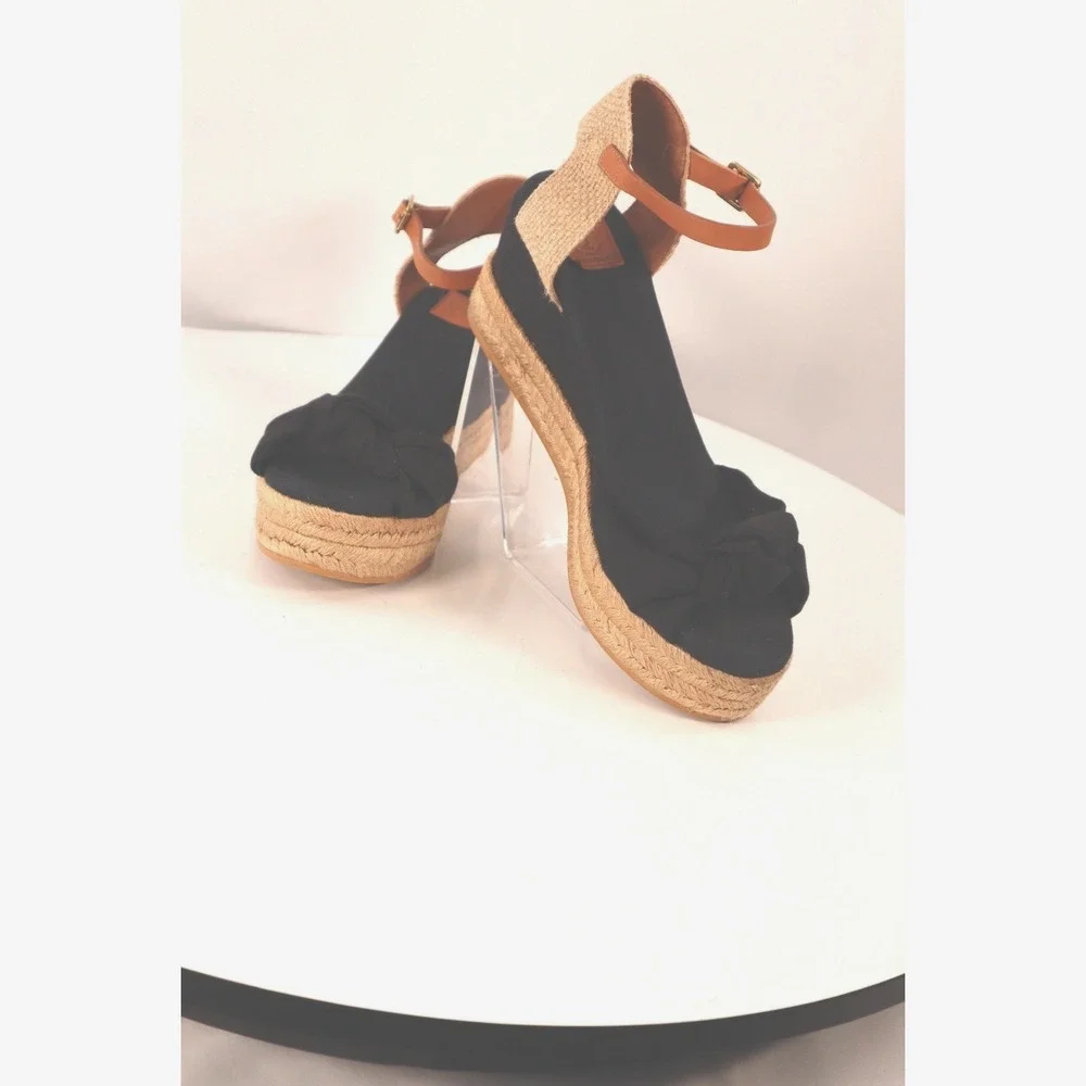 Tory Burch Knotted Bow Espadrille Wedge Sandals Black/Tan Leather Strap Size 10 - Picture 2 of 10